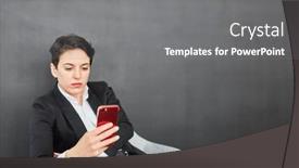 Presentation with text message - Slide set enhanced with young-businesswoman-reading-a-text background and a gray colored foreground
