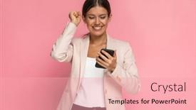  Presentation with reading - Colorful PPT theme enhanced with young-businesswoman-reading-something backdrop and a coral colored foreground