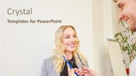  Presentation with participant - Presentation theme consisting of young-businesswoman-receives-an-id background and a sky blue colored foreground