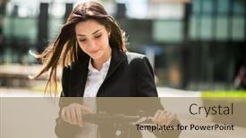  Presentation with electric scooter - Presentation theme consisting of young-businesswoman-riding-an-electric background and a coral colored foreground