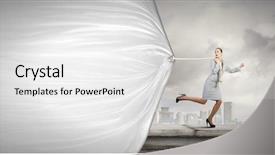  Presentation with white blank notebook silver - Amazing slide deck having young businesswoman running and pulling backdrop and a white colored foreground