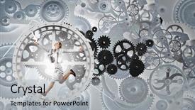  Presentation with gears - Theme with young businesswoman running in wheel background and a  colored foreground