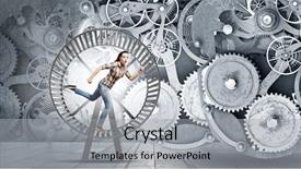  Presentation with gears - Presentation with young businesswoman running in wheel background and a  colored foreground