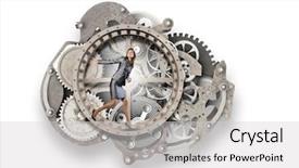  Presentation with gears - Audience pleasing presentation design consisting of young businesswoman running in wheel backdrop and a  colored foreground