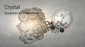  Presentation with mechanic gears - Slide set with young businesswoman running in wheel background and a  colored foreground