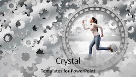  Presentation with gears - Theme featuring young businesswoman running in wheel background and a  colored foreground