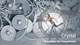  Presentation with mechanic gears - Colorful presentation design enhanced with young businesswoman running in wheel backdrop and a  colored foreground