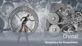  Presentation with gears - Beautiful slide set featuring young businesswoman running in wheel backdrop and a gray colored foreground