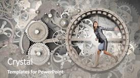  Presentation with mechanic gears - Beautiful presentation design featuring young businesswoman running in wheel backdrop and a  colored foreground