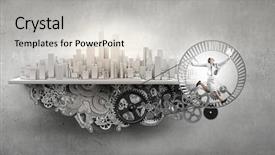  Presentation with mechanical gear mechanism team work - Presentation design with young businesswoman running in wheel background and a light gray colored foreground