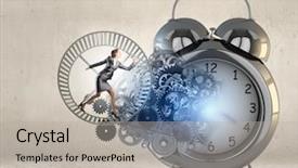  Presentation with mechanic gears - Beautiful slide deck featuring young businesswoman running in wheel backdrop and a  colored foreground