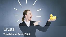  Presentation with rubber duck - Slides enhanced with young businesswoman screaming and pointing on yellow rubber duck toy background and a ocean colored foreground