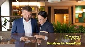  Presentation with scrolling - Presentation design featuring young businesswoman scrolling through electronic form of contract in touchpad held by mature colleague at meeting background and a tawny brown colored foreground