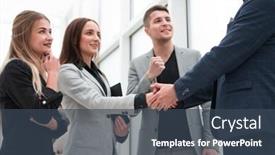  Presentation with business partner - Cool new presentation theme with young-businesswoman-shaking-hands backdrop and a ocean colored foreground