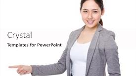  Presentation with finger point - Theme enhanced with young businesswoman showing finger point aside background and a white colored foreground