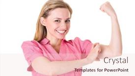 Presentation with strength - Beautiful presentation theme featuring young businesswoman shows her muscles strength and power concept studio shoot isolated on white background backdrop and a lemonade colored foreground