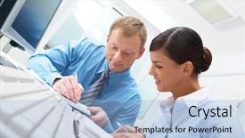  Presentation with writing - Presentation having young businesswoman sitting and looking background and a light blue colored foreground