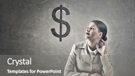  Presentation with dollar sign - Colorful PPT layouts enhanced with young businesswoman sitting at table and looking dreamily at dollar sign backdrop and a gray colored foreground
