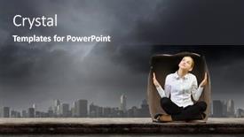  Presentation with uncomfortable - Presentation design enhanced with young-businesswoman-sitting-in-carton background and a gray colored foreground