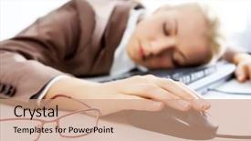  Presentation with sleeping mouse - Amazing theme having young businesswoman sleeping on keyboard with a computer mouse backdrop and a coral colored foreground