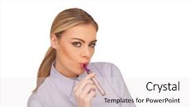  Presentation with cigarette - Cool new slide deck with young businesswoman smoking e-cigarette backdrop and a sky blue colored foreground