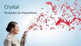  Presentation with aerosol - PPT layouts having young businesswoman spraying red shoes from aerosol balloon background and a sky blue colored foreground