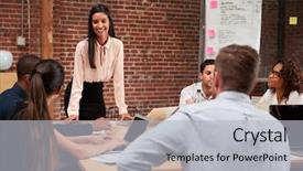 Presentation with meeting table - Theme with young businesswoman standing and leading background and a light gray colored foreground