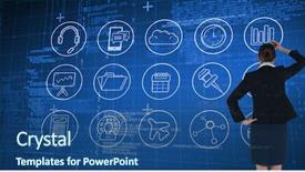  Presentation with matrix - Cool new slide deck with young businesswoman standing and thinking against blue matrix and codes backdrop and a ocean colored foreground