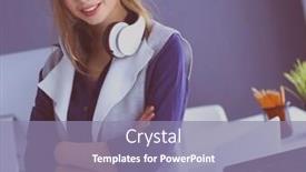  Presentation with front office - Presentation theme featuring young businesswoman standing in front of a table in the office background and a coral colored foreground