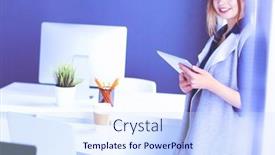  Presentation with front office - Slide set consisting of young-businesswoman-standing-in-front background and a sky blue colored foreground