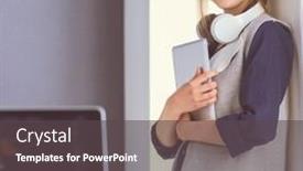  Presentation with front office - Audience pleasing slide deck consisting of young-businesswoman-standing-in-front backdrop and a dark gray colored foreground