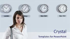  Presentation with world - Beautiful PPT theme featuring young businesswoman standing with world backdrop and a sky blue colored foreground