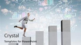  Presentation with stepping - PPT theme featuring young-businesswoman-stepping-up background and a sky blue colored foreground