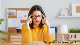  Presentation with head ache - Cool new PPT theme with young-businesswoman-studying-online-watching backdrop and a yellow colored foreground
