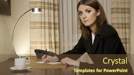  Presentation with taking notes - PPT theme consisting of young businesswoman taking notes in a hotel room background and a tawny brown colored foreground