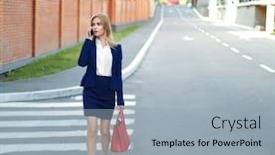  Presentation with phone - Colorful slide deck enhanced with young-businesswoman-talking-on-mobile backdrop and a  colored foreground