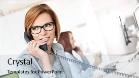  Presentation with coque de telephone - Amazing slide deck having young businesswoman talking on telephone backdrop and a  colored foreground