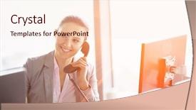  Presentation with telephone - Beautiful presentation featuring young businesswoman talking on telephone backdrop and a  colored foreground