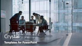  Presentation with development - Presentation theme enhanced with young-businesswoman-telling-colleagues background and a gray colored foreground