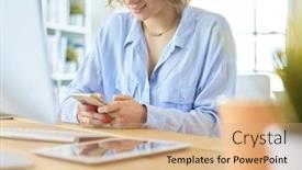  Presentation with front office - Presentation theme featuring young-businesswoman-text-messaging background and a coral colored foreground
