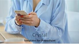  Presentation with front office - PPT theme featuring young-businesswoman-text-messaging background and a teal colored foreground