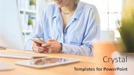  Presentation with front office - Amazing presentation theme having young-businesswoman-text-messaging backdrop and a coral colored foreground