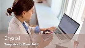  Presentation with sweet pastry - Colorful slide deck enhanced with young-businesswoman-typing backdrop and a coral colored foreground