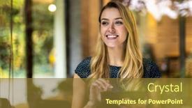  Presentation with using digital tablet - Presentation theme consisting of young-businesswoman-using-digital-tablet background and a tawny brown colored foreground