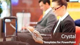  Presentation with computer - Slide set with young businesswoman using tablet computer background and a tawny brown colored foreground