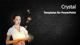  Presentation with light bulbs - Colorful presentation theme enhanced with young businesswoman using tablet pc and light bulbs flying backdrop and a black colored foreground