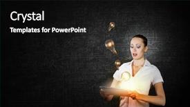  Presentation with light bulbs - Cool new PPT theme with young businesswoman using tablet pc and light bulbs flying backdrop and a black colored foreground