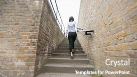  Presentation with walking young wild jaguar - Presentation theme enhanced with young businesswoman walking up stairs background and a gray colored foreground