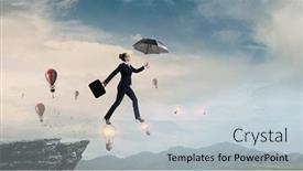  Presentation with umbrella - Slide set having young-businesswoman-walking-with-umbrella background and a light gray colored foreground