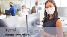  Presentation with face mask - Beautiful presentation design featuring young-businesswoman-wearing-face-mask backdrop and a light gray colored foreground